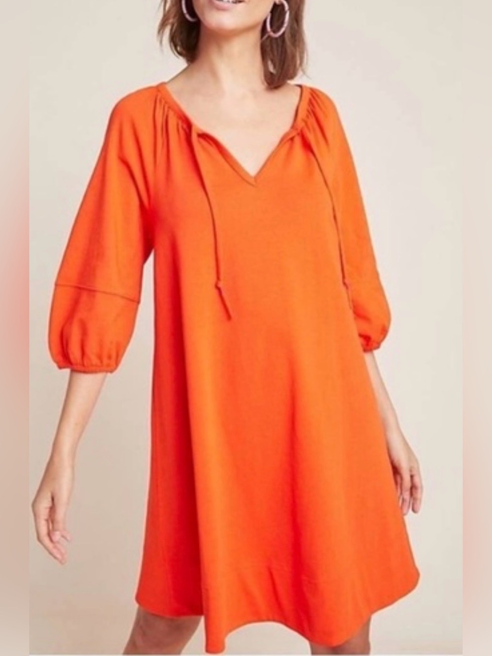 EUC Anthropologie Anais Orange Knit Tie Neck Tunic Shift Dress Medium